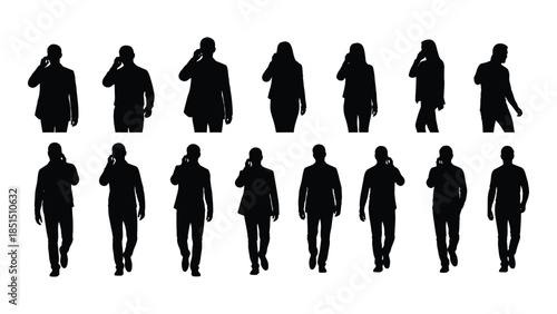 Diverse group of people talking on phones walking positions a captivating silhouette