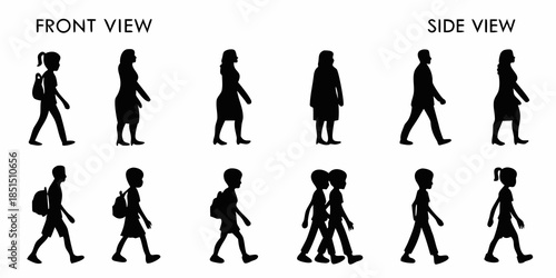 Silhouettes of people walking in different poses and perspectives shown in black