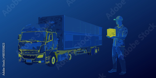 A blue illustration depicting a delivery truck and a worker with a package