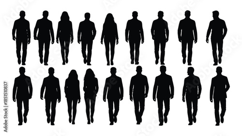 group of people walking forward diverse figures in black simple design silhouette
