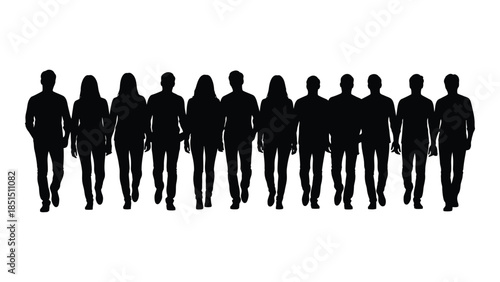 A line of people walking forward represented as a stark black shape silhouette