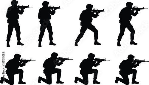 Military soldier silhouettes set, armed troops aiming rifles in tactical combat poses isolated on white background, army defense vector illustration