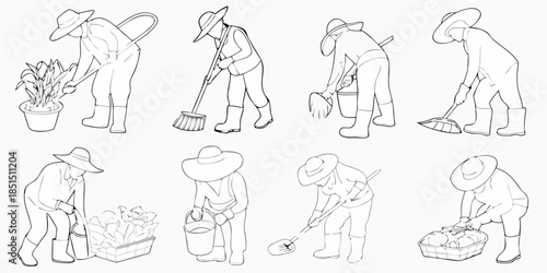 Line art illustration of farmers in various gardening poses with tools