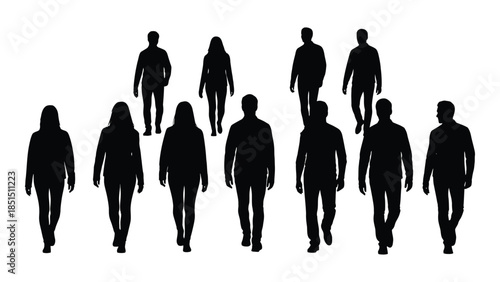 A group of people walking forward depicted in a striking black and white silhouette