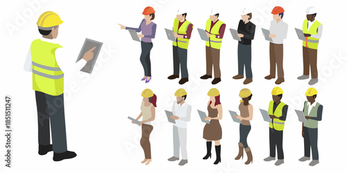 Isometric illustration of construction workers reviewing blueprints and collaborating on a project