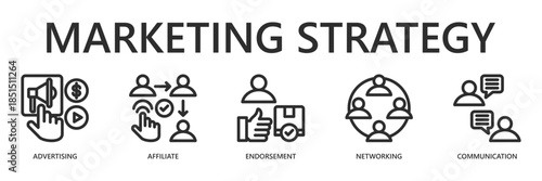 Marketing Strategy Outline Web Banner Icon Vector Illustration for Promotion and Business Marketing Concept with Advertising, Affiliate, Endorsement, Networking, Communication.