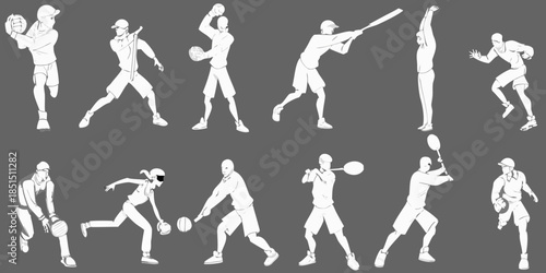 Dynamic silhouettes of athletes in action baseball tennis and running poses