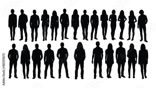 A row of diverse people standing together presented as a striking black silhouette
