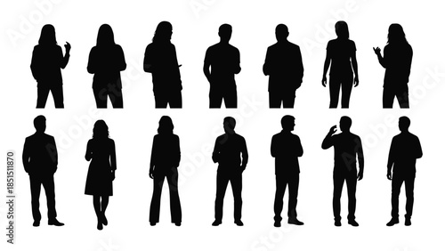 A diverse collection of human figures displayed as dark shapes representing various poses silhouette