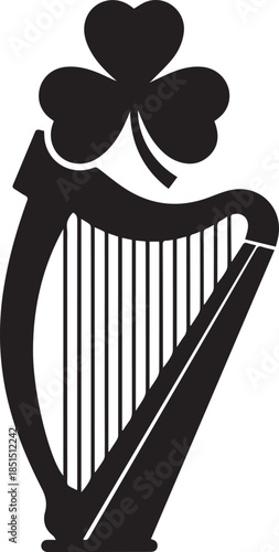 Black silhouette of a harp with a shamrock on top
