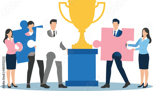 Business Team Cooperation Illustration Featuring People Solving Jigsaw Puzzle Around a Golden Trophy for Success and Achievement Concepts.