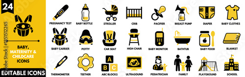 Set of 24 Baby and Maternity Care Icons. Vector Linear Illustrations for Newborn Essentials, Childcare, Toys, and Parenting.