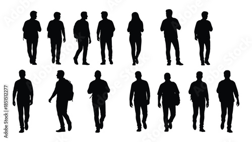 A collection of diverse people walking in various poses depicted as a striking silhouette