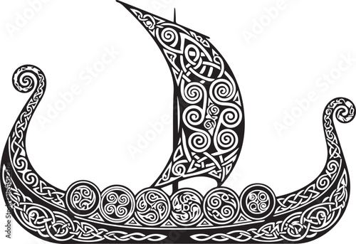 Intricate celtic knotwork viking longship illustration