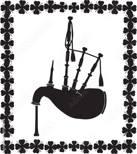 Black silhouette of bagpipes within a decorative celtic knot border