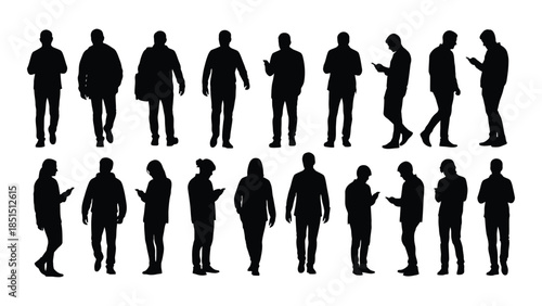 Diverse group of people in various poses and clothing styles presented as a silhouette