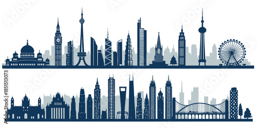 City skylines with iconic landmarks and modern architecture globally