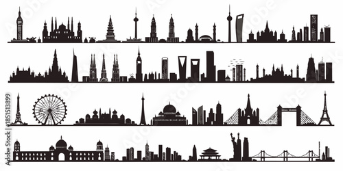 Silhouettes of famous city skylines and landmarks worldwide in black