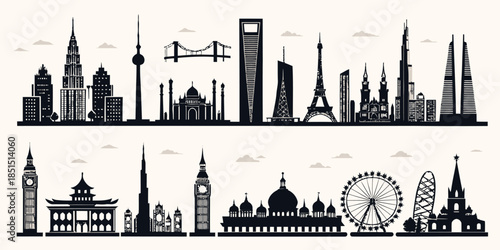 Black silhouettes of famous city skylines and landmarks worldwide