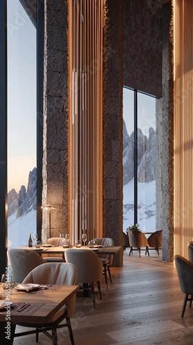 Mountain View Restaurant: The interior of a modern restaurant offers panoramic views of majestic, snow-capped mountains. A beautiful scene from within, framing the imposing peaks with a sense of awe.