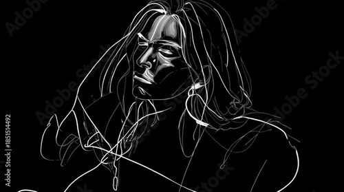 Serene Contemplation: An evocative, monochromatic illustration captures a woman immersed in quiet reflection, with a focus on inner peace and introspection.