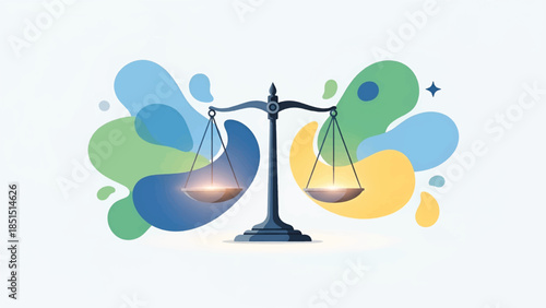 Balanced scales with glowing pans centrally against abstract blue, green, and yellow organic shapes