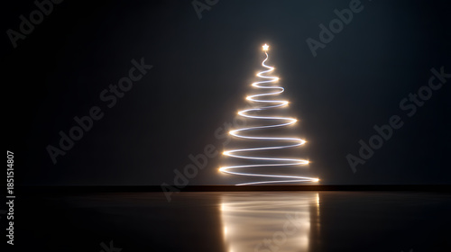 Shimmering Christmas: An ethereal and festive Christmas tree formed with radiant, glowing light, emanating from a deep, black background, conveying a sense of tranquility, joy.