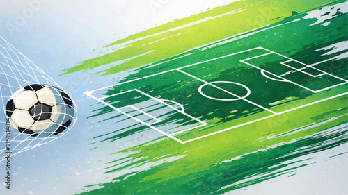 Abstract grunge soccer background featuring a football on a green grass pitch stadium field with vector lines for a competitive championship sports match
