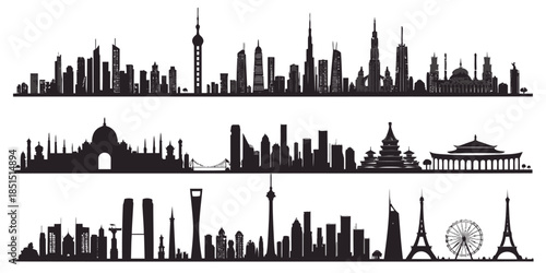 City skylines from around the world in black silhouette