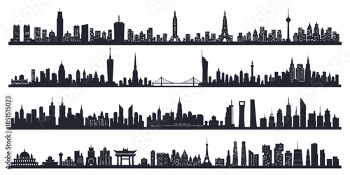 City skylines with iconic buildings and bridges in silhouette