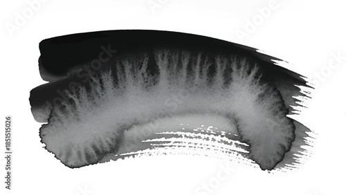 Broad black and gray watercolor brushstroke forming one asymmetrical arc with feathery textured edges