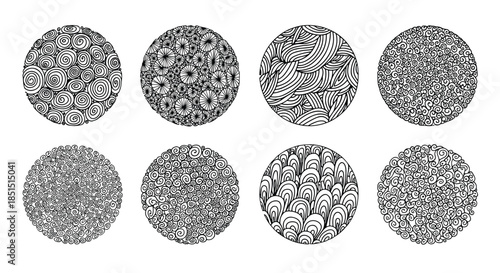 Set of eight circular, hand-drawn zentangle patterns with intricate black and white doodle designs for coloring or decoration.