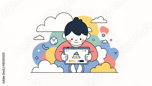 Child sitting among clouds, smiling while holding a tablet displaying a cheerful avatar and colors!!