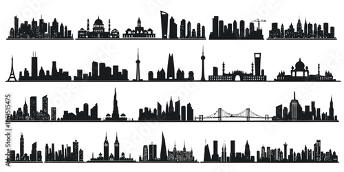 Black silhouette city skylines from around the world on white background