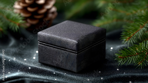 Gift Box in a Festive Setting: A small, elegant gift box sits poised amidst evergreen sprigs and a pine cone, hinting at a moment of treasured giving and holiday cheer. 