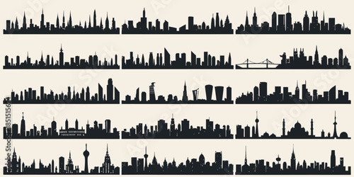 City skylines from around the world in black silhouette on beige background
