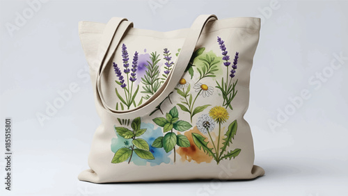 Cream tote bag featuring watercolor botanical print of lavender, chamomile, mint and dandelion flora