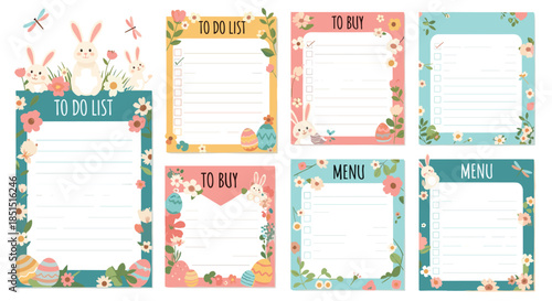 Collection of cute easter themed weekly planner templates, including to-do lists and menu pages decorated with bunnies and flowers.