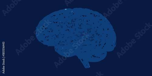 A dark blue illustration of a human brain against a darker blue background