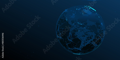 Abstract digital sphere with fractured lines floating in a dark blue space