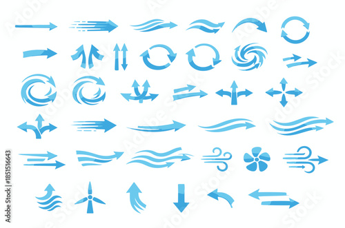 Wind Flow and Air Current Vector Icons, Blue Flat Symbols for Weather, Fan, Turbine, and Aerodynamics Direction