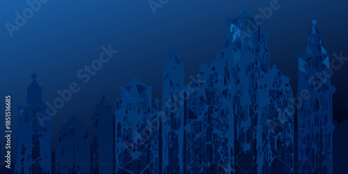 Abstract blue cityscape with geometric shapes and a dark moody atmosphere
