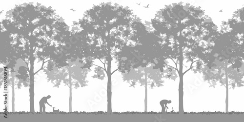 Silhouetted trees and figures working in a garden landscape simple monochrome design