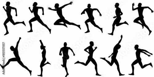 Silhouettes of people in various running and active poses a dynamic sequence