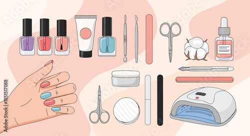 Comprehensive set of manicure and pedicure tools and products, including nail polish, files, clippers, and a UV lamp.