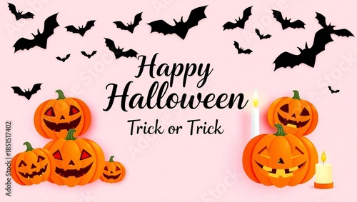 Spooky halloween scene with jack-o'-lanterns bats and trick or treat greeting festive holiday design white background