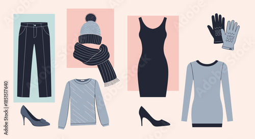 Flat lay collection of women's winter and autumn fashion apparel, including clothes like sweaters and accessories like scarves.