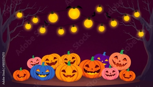 Festive halloween scene with carved pumpkins and string lights creating a spooky atmosphere white background