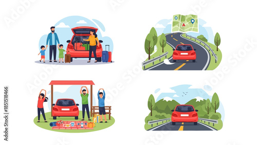 Road trip adventures: family packing, driving scenic routes, and outdoor activity stops.