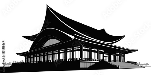 Modern Asian building with unique roof design and city skyline